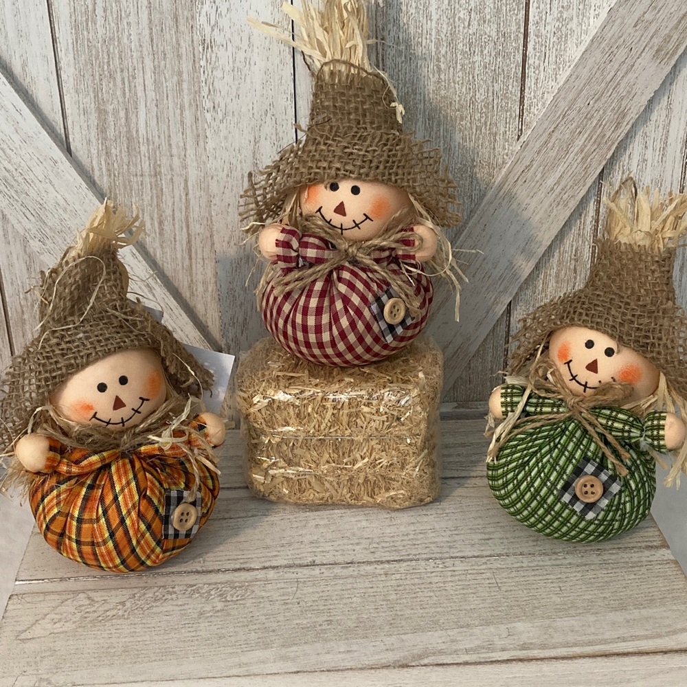 3 Fall Scarecrows and 1 Straw Bale